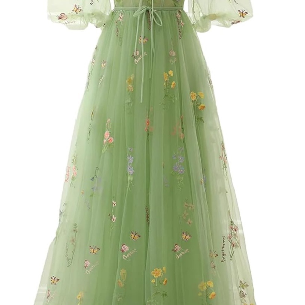 DRESS Wedding dress: Green Floral Embroidered Gown
